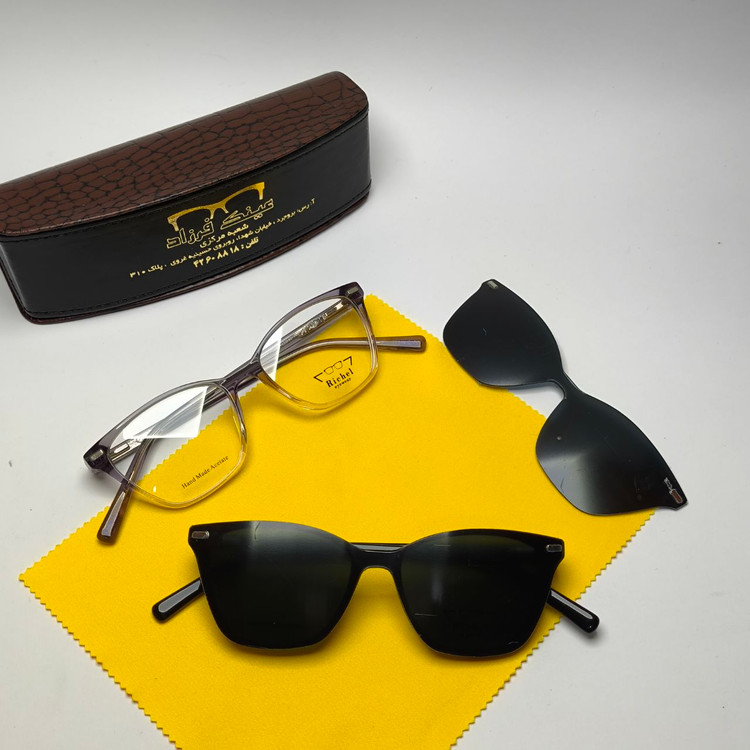 عینک طبی کاور دار ریچل Richel مدل 9227 اورجینال دسته سیم کائوچو پلاریزه اسیتیت به همراه پک هدیه