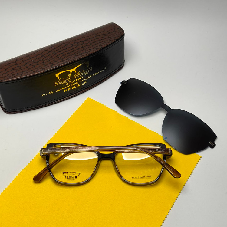 عینک طبی کاور دار ریچل Richel مدل 9248 اورجینال دسته سیم کائوچو پلاریزه اسیتیت به همراه پک هدیه