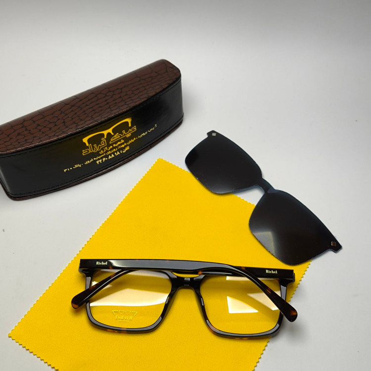 عینک طبی کاور دار ریچل Richel مدل 2448 اورجینال دسته سیم کائوچو پلاریزه اسیتیت به همراه پک هدیه